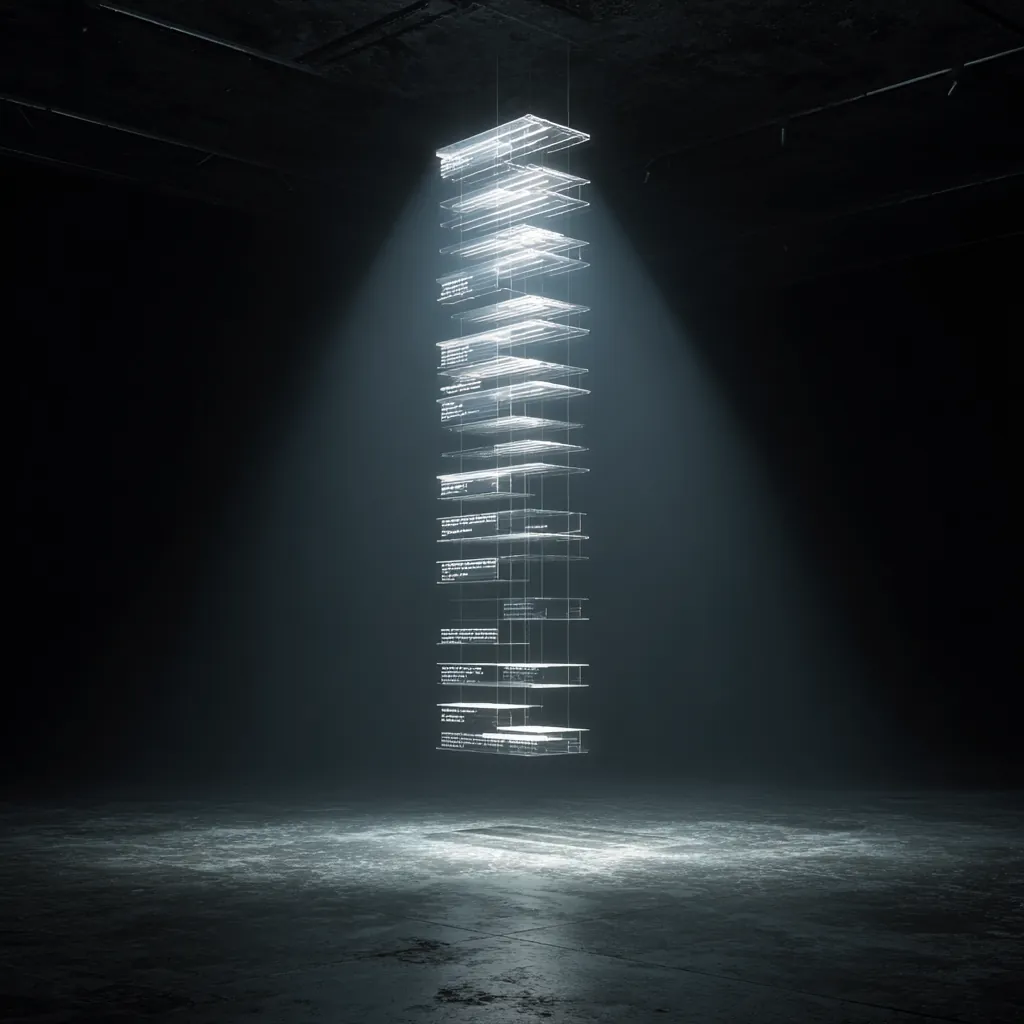 Layers of verified propositions stacked under a single spotlight