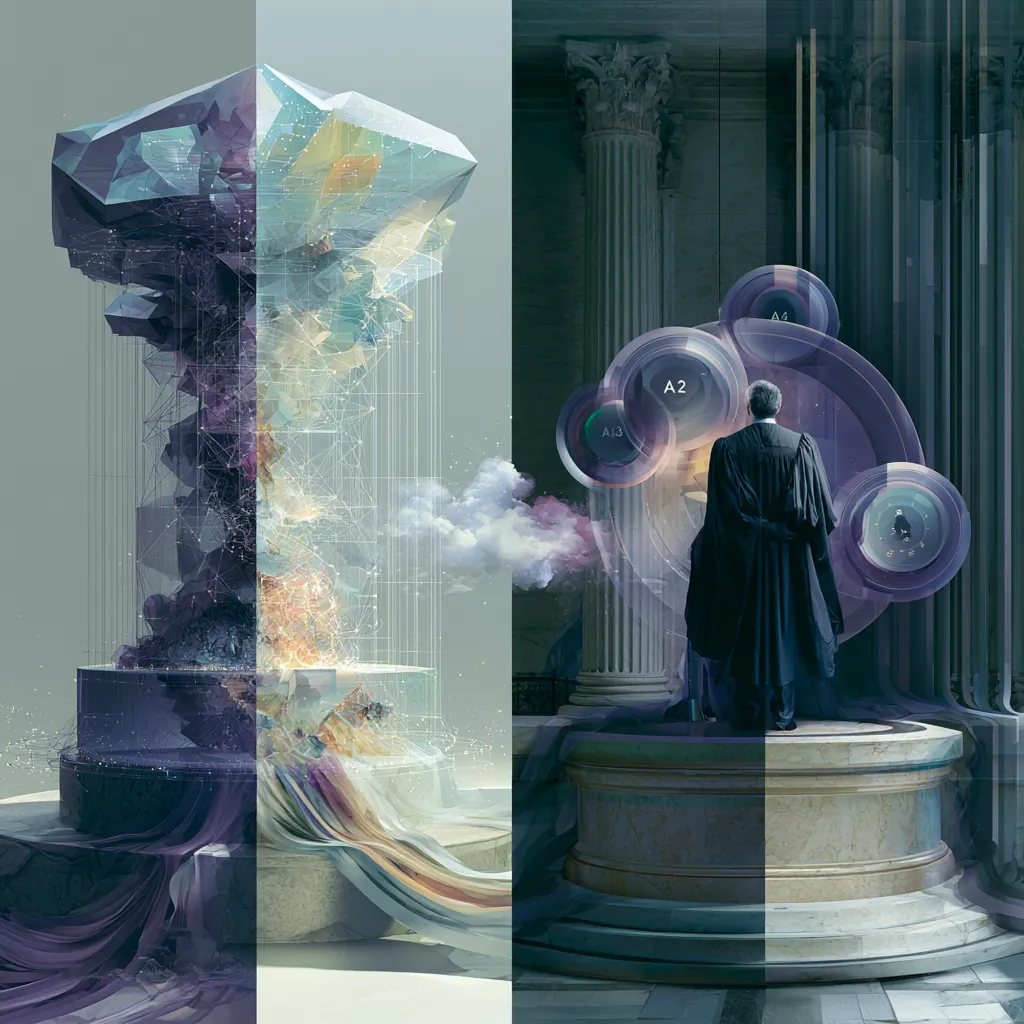 A monument fracturing beside a lawyer facing the evidence