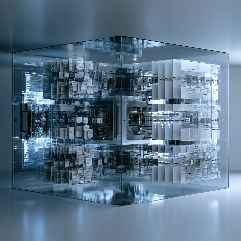 A glass vault holding a case file in suspension, its documents layered face by face into a single readable structure
