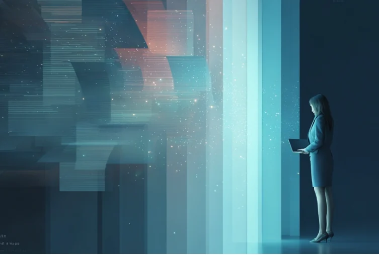 A lawyer at a laptop facing a receding wall of layered, translucent document planes